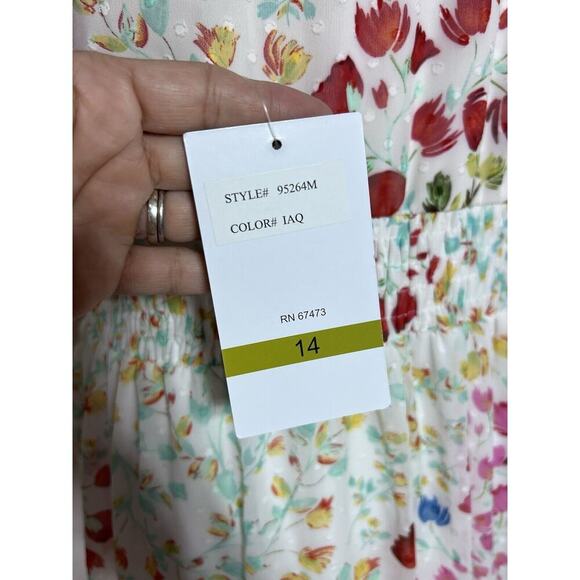 Maison Tara Floral Chiffon Clip Dot V Neck Smocked Midi Dress plus Size 14 - Picture 7 of 9